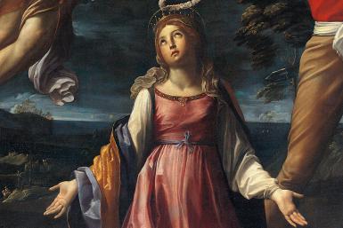 Italy, Liguria, Albenga, Museo Diocesano, Detail, The saint, portrayed as a young woman wearing seventeenth-century clothes, receiving a wreath from the hand of an angel, In the background a landscape with twilight sky, (Photo by Antonio Guerra / Electa / Mondadori Portfolio via Getty Images)