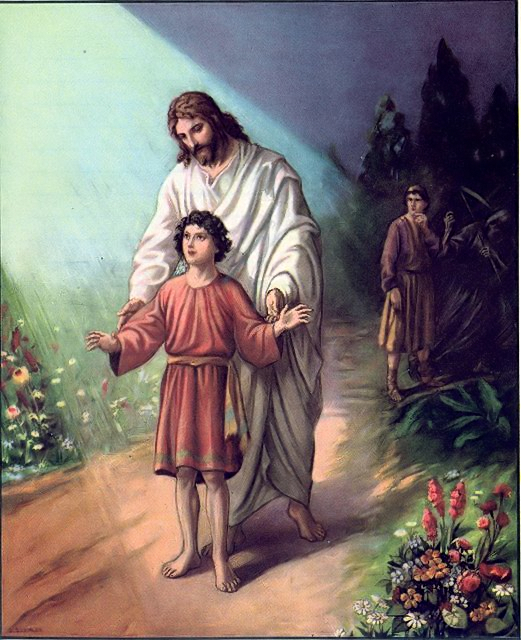 Jesus guiding a boy as father looks on To guide our feet to the way of peace Luke 1:78